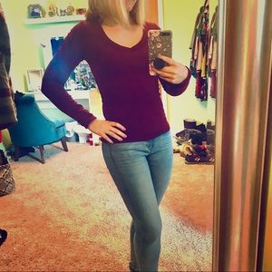 Burgundy Ribbed V Neck